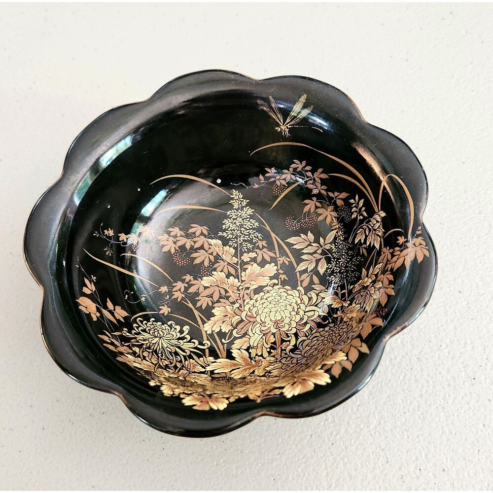 Vintage Shibata Floral Dragonfly Porcelain Bowl Scalloped Edge Black Gold Japan